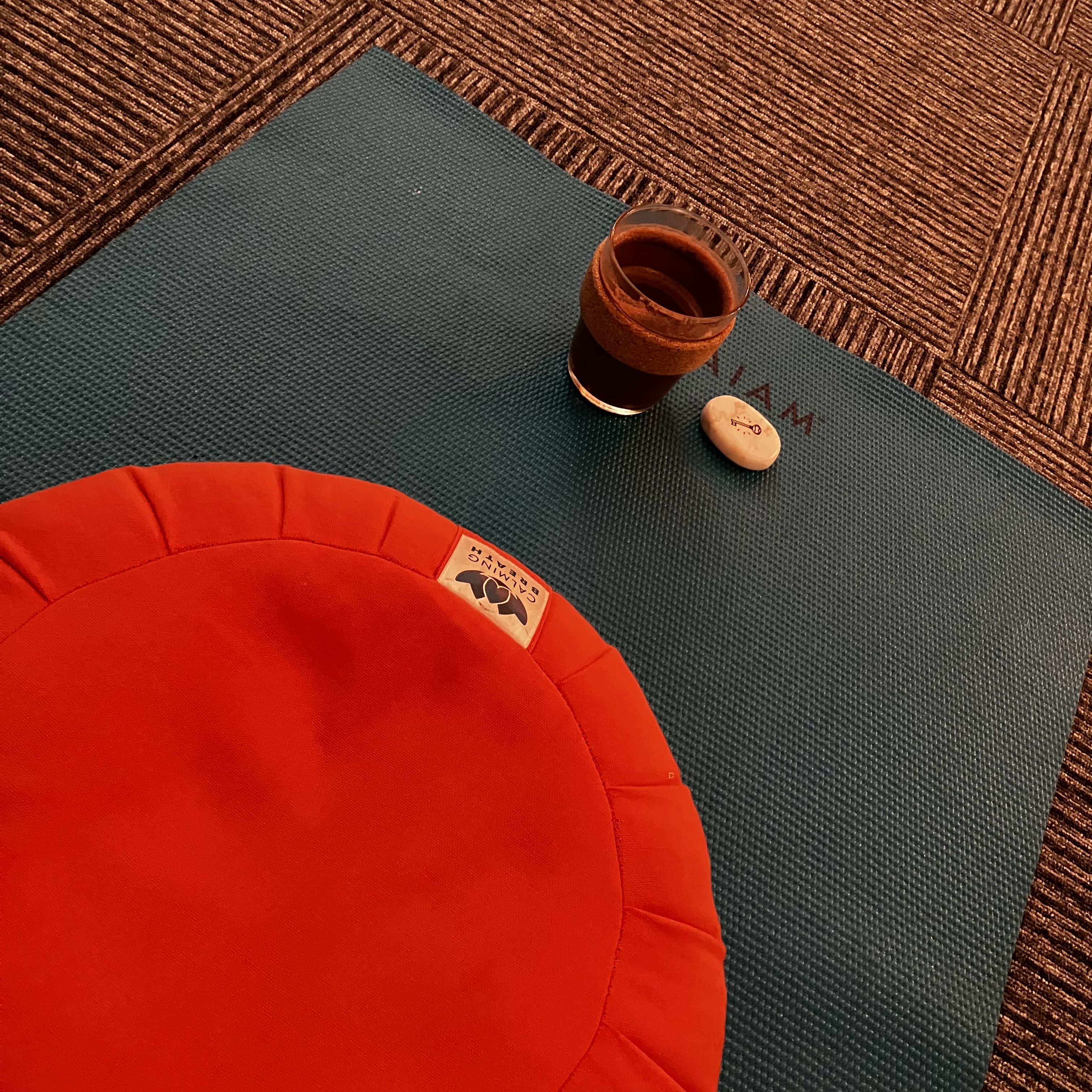 yoga mat, cacao, cup, stone, crystal